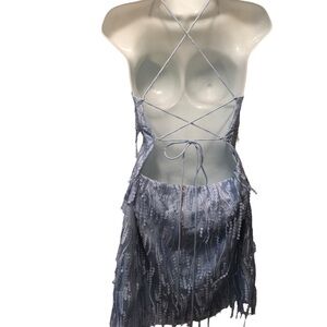 Lulus Making Magic Strappy Mini Dress XL Shimmery Fringe DANCE Ice Blue Strappy